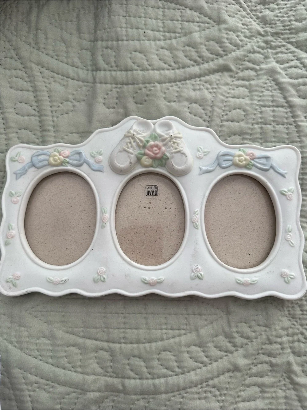 Ceramic triple baby photo frame Hold 3 x 4 photos